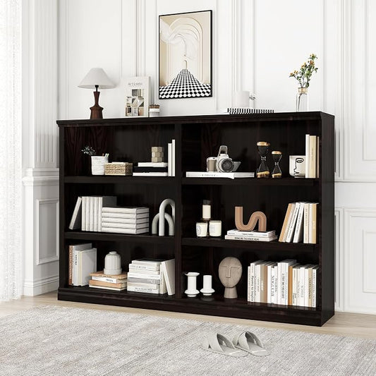64" W Double Wide Open Shelf Bookcase, 3 Tiers 6 Storage Cube Book Shelf | Horizontal bookshelf, Display Cabinet Organizer Indoor Furniture, Home Library Office, Dark Cherry Adjustable Shelf
