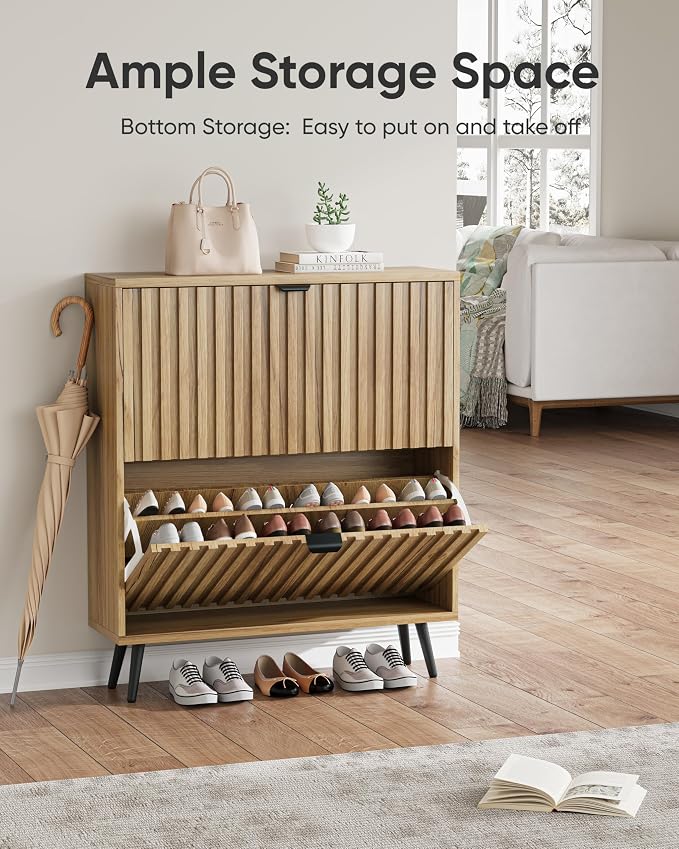 Shoe Storage Cabinet, Fluted Shoe Cabinet Storage for Entryway, Hidden Shoe Cabinet with Metal Legs,Shoe Organizer Cabinet with Flip Doors, Slim Entryway Shoe Storage Cabinet, Natural Wood-31.5in