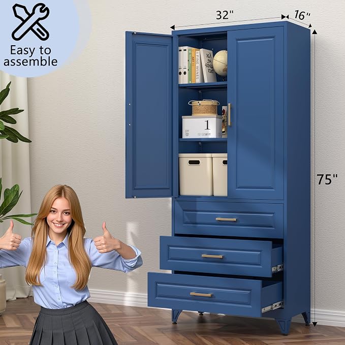 75" Metal Pantry Storage Cabinet with 3 Drawers, Blue | Sturdy SPCC Steel, Gold Handles, Adjustable Shelves,Anti-Tipping Kit, Leveling Feet, Easy Assembly for Kitchen Pantry
