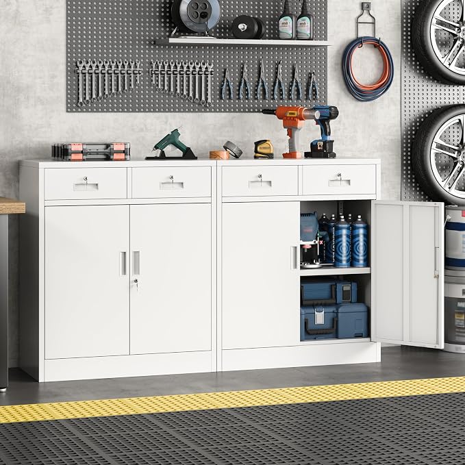 Metal Storage Cabinet, 36" Locking Cabinet with Adjustable Shelves for Garage, Office (White, 2 Drawers)