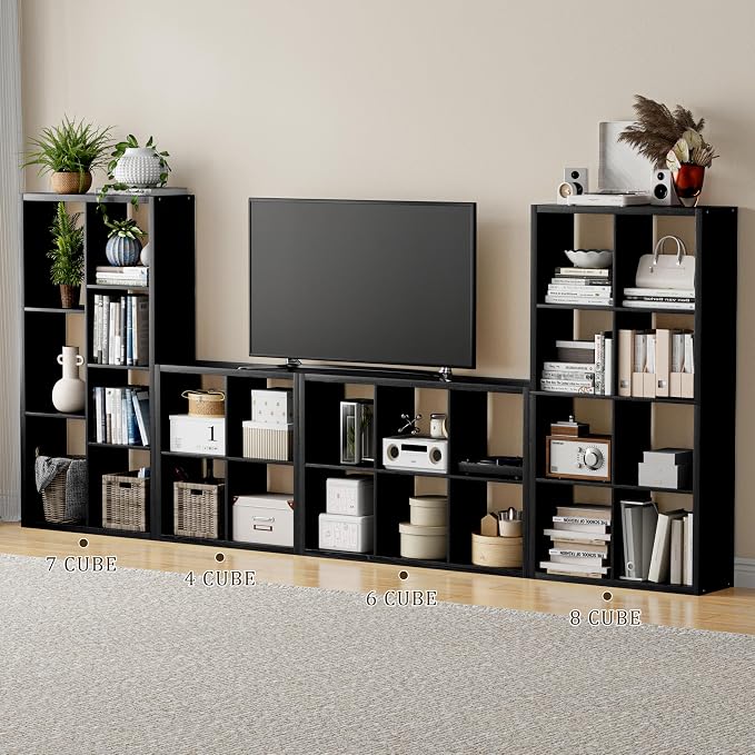 VDNEND Cube Storage Organizer Bookcase, Decorative 11 inch Open Back Cubical Shelf with Thickened Border, Display Bookshelf for Living Room, Home Office, Sturdy Room (Black, 8 Cube)
