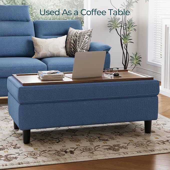 LINSY HOME 46 Inches Wide Storage Ottoman Bench, Linen Coffee Table Long Shoes Bench Footstool, Storage Chest, Foot Rest Stool, for The Living Room, Entryway and Family Room (Blue)