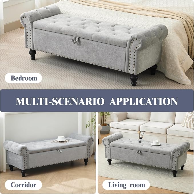 55" Storage Bench for Bedroom, Upholstered Ottoman Bench Chenille LightGray | End of Bed Bench for Bedroom, Window Benches for Living Room, Entryway, Ottoman with Large Storage Space, Pet Friendly