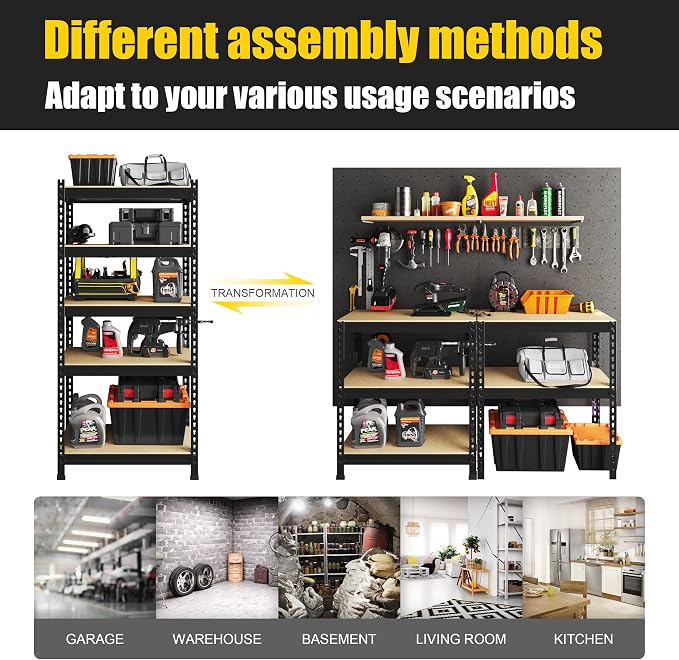 PrimeZone 5-Tier Garage Storage Shelves, Adjustable Metal Shelving, Black | Heavy-Duty Metal Frame & Connectors, FSC MDF Boards, Space-Saving Storage for Garage, Pantry, Closet, 28"W x 12"D x 59"H 6PCS