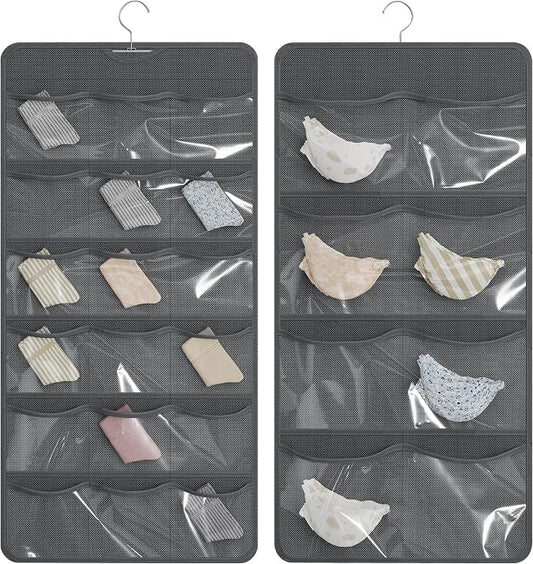 26-Pocket Hanging Closet Organizer for Socks and Underwear, Dark Gray | Non-woven clear compartments keep bras & leggings visible; swivel hook fits wardrobe, closet rod, wall, door or shelves.
