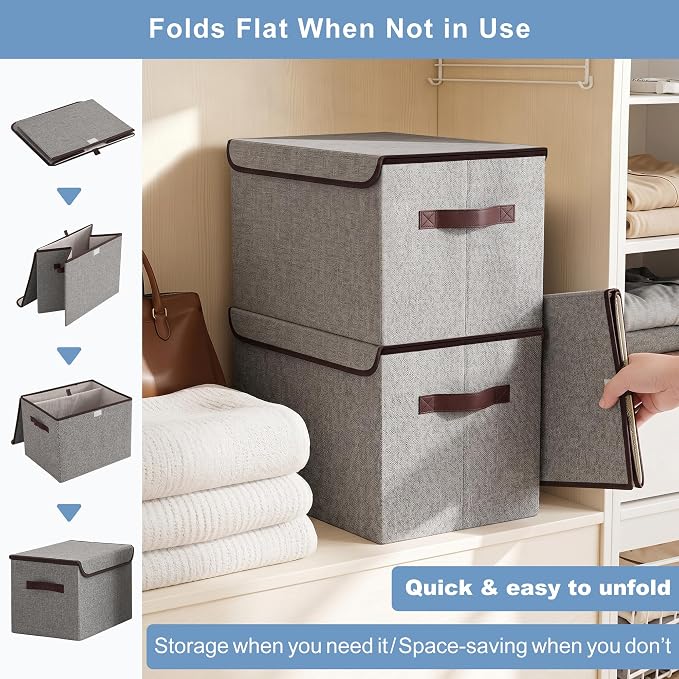 Bagnizer Large 17" 42 Quarts Collapsible Stackable Storage Bins with Lids [3-Pack] Foldable Fabric Linen Storage Boxes Cube, Closet Organizer Baskets with Label for Home (16.7 x 12 x 12, Gray)