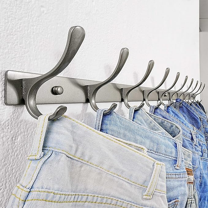 SKOLOO Coat Rack Wall Mounted - 10 Hooks, Pack of 2, Heavy Duty, Stainless Steel, Metal Wall Hangers, Sturdy Coat Hooks for Hanging Coats, Jacket, Clothes, Hat, Matte Grey