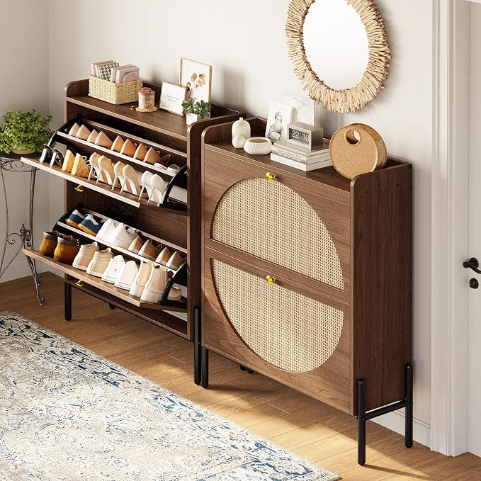 IRONCK Shoe Cabinet Storage with 2 Flip Drawers, Free Standing Wooden Shoe Storage Organizer Cabinet with Rattan Doors for Entryway, Narrow Shoe Rack Cabinet, Walnut
