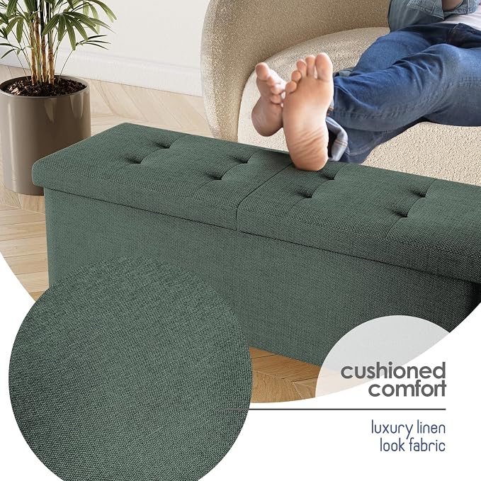 Storage Ottoman Bench with Bins, 43-in Storage Bench for Bedroom End of Bed, Folding Foot Rest Ottoman for Living Room Max 660lbs, Fabric Ottomans, Green