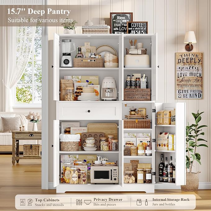 HOSTACK 68" Tall Kitchen Pantry Storage Cabinet with Doors & Shelves, White | Large Pantry Cabinet with Door Rack, Freestanding Kitchen Storage Cabinet with Drawer, Food Pantry for Dining Living room