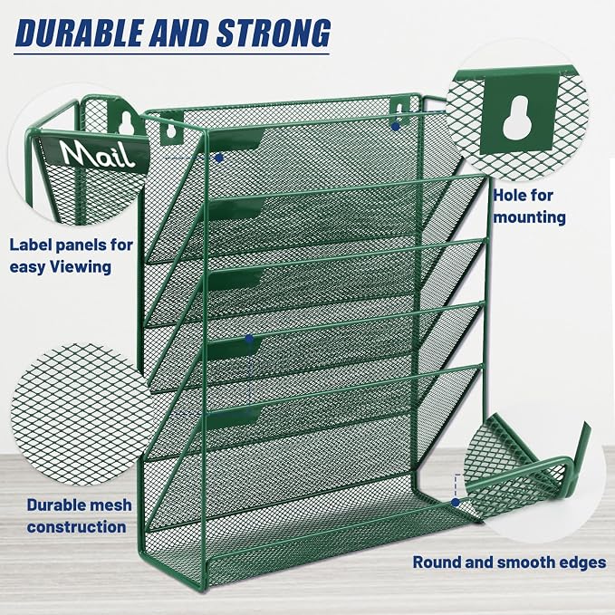 EASEPRES Desk File Organizer Mesh 6-Tier, Hanging Wall Mount Document Organization Stand, Desktop Vertical Mail Paper Folder Holder Rack with Bottom Tray for Office Home Cubicle Countertop, Dark Green