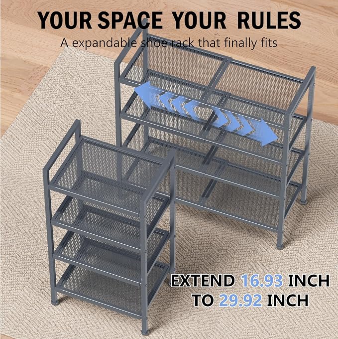 Shoe Rack, Expandable Shoe Rack for Closet, Adjustable Shoe Organizer for Entryway, Shoe Storage Organizer for Door Entrance, Garage, Bedroom (Grey, 4-Tier)