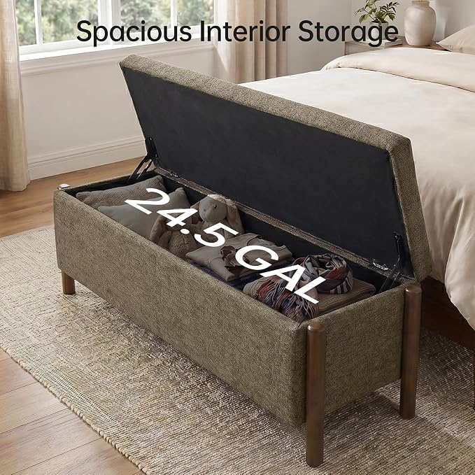 Usaint Wooden Storage Ottoman Bench, 47" Fabric Upholstered End of Storage Bench with Rubberwood Legs, Entryway Bench with Storage for Bedroom, Living Room, Reception, Cloakroom, Brown