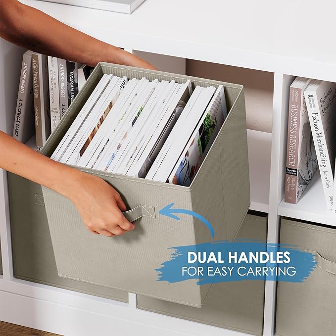 Set of 8 Foldable Fabric Storage Cube Bins | Collapsible Cloth Organizer Baskets Containers | Folding Nursery Closet Drawer | Features Dual Handles | More Beautiful Colors Available (Beige)