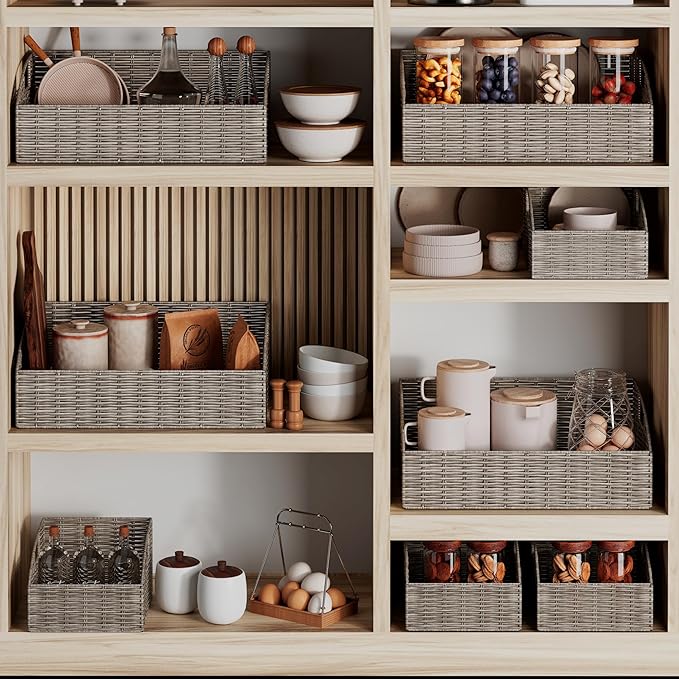Pantry Baskets Organization, Wicker Storage Bin Shelf Grey | Handwoven Pantry Organizers and Storage with Built-in Handles, Laundryroom Organization Storage Bins for Snack Cans