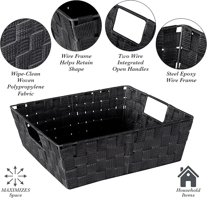 Simplify Large Shelf Woven Strap Tote | Decorative Storage Basket | Built in Handles | Organization | Closet | Bedroom | Bathroom | Nursery | Accessories | Toys | Gifts | 1 Pack | Black