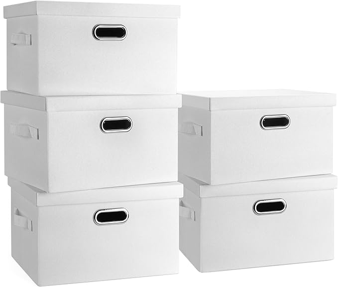 Graciadeco Medium 15" 21 Quart Collapsible Stackable Storage Bins with Lids, 5 Packs White Foldable Fabric Closet Storage Boxes with Lids, Lidded Heavy-duty Linen Baskets(15x11x8) | 21 Quart 5 Pack White Collapsible Stackable Linen Fabric 4 Handles Bed...