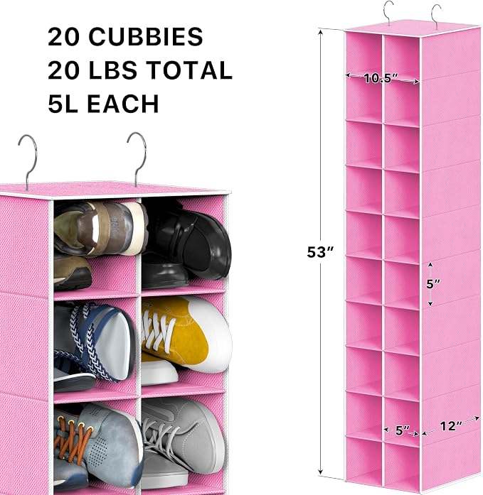 Simple Houseware 20 Section Shelves Hanging Shoes Organizer, Pink | Dual Metal Hooks, 10 Tier, Holds Up to 20 lbs, for Narrow Space