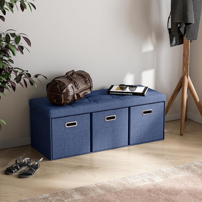 Ornavo Home 40 Inch Storage Ottoman with 3 Drawers, Tufted Linen, Navy Blue | Foldable Large Bench Design; Foot Rest Stool Seat; Ideal for Living Room, Bedroom or Entryway