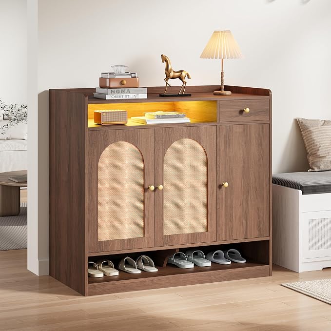 LIKIMIO Rattan Shoe Cabinet with 6-Tier Storage, 3 Doors & LED Light | 30 Pairs Shoe Storage Cabinet with Drawer, Adjustable Shelves, Shoe Rack Organizer for Entryway, Living Room, Walnut