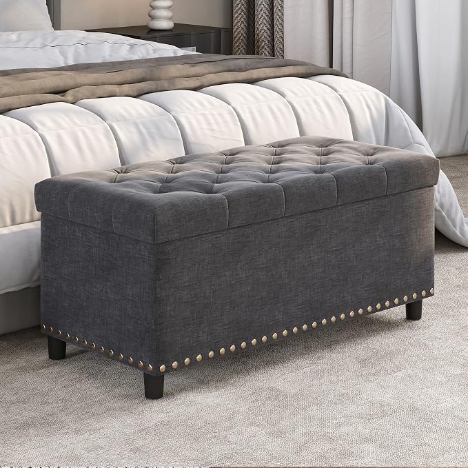 BELLEZE Storage Ottoman, Tufted Ottoman with Close Hinge, Foot Rest for Living Room (Dark Gray, 31 inch)
