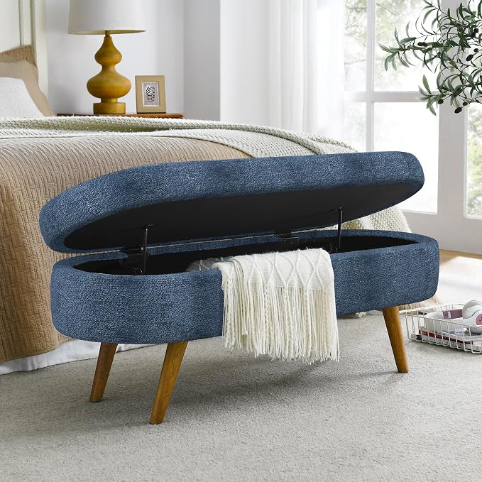 43.5" Ottoman with Storage, Storage Ottoman Bench with Safety Hinge, Foam End of Bed Bench, Upholstered Entryway Bench for Bedroom, Living Room & Window, Holds up to 330 lb, Dark Blue