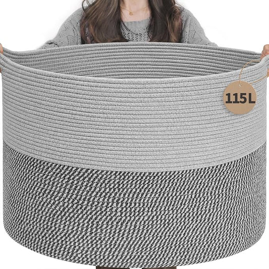INDRESSME 115L Extra Large Woven Rope Blanket Basket Living Room, Grey | 23.6" x 15.7" Storage baskets for toys laundry & pillows. Fits living room, bedroom or nursery décor. Soft-touch with handles