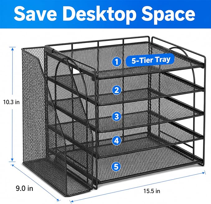 OPNICE Desk Organizers and Accessories, 5-Tier Paper Organizer Letter Tray with Magazine Holder, Office Desk Accessories & Workspace Organizers, Desktop File Organizer for Office Supplies, Black
