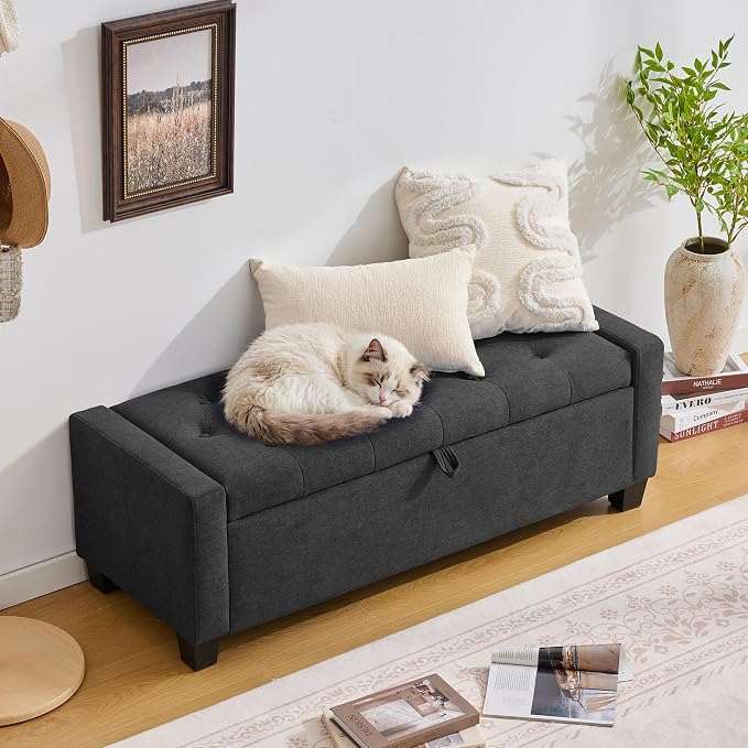 Huatean Home 43" Ottoman with Storage, Dark Gray Storage Ottoman Bench | Upholstered Entryway Bench with Seating for Bedroom, Living Room, with Safety Hinge, Holds up to 330 lb