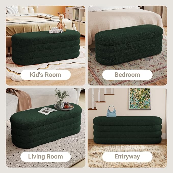 Busaurus Storage Ottoman Bench 49.2 Inch Upholstered Fabric Storage Bench for Bedroom End of Bed Aesthetic Large Oval Ottoman for Living Room(Dark Green)