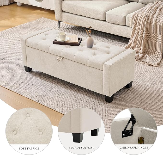 Huatean Home 43" Ottoman with Storage, Beige Storage Ottoman Bench | Upholstered Entryway Bench with Seating for Bedroom, Living Room, with Safety Hinge Holds up to 330 lb