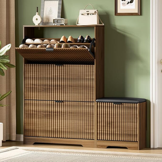Xixini Shoe Storage Cabinet for Entryway with 3 Flip Drawers & Bench, Slim Wood Shoe Organizer with Modern Fluted Panel, Freestanding Narrow Shoe Rack for Front Door Entrance, Hallway, Foyer, Walnut