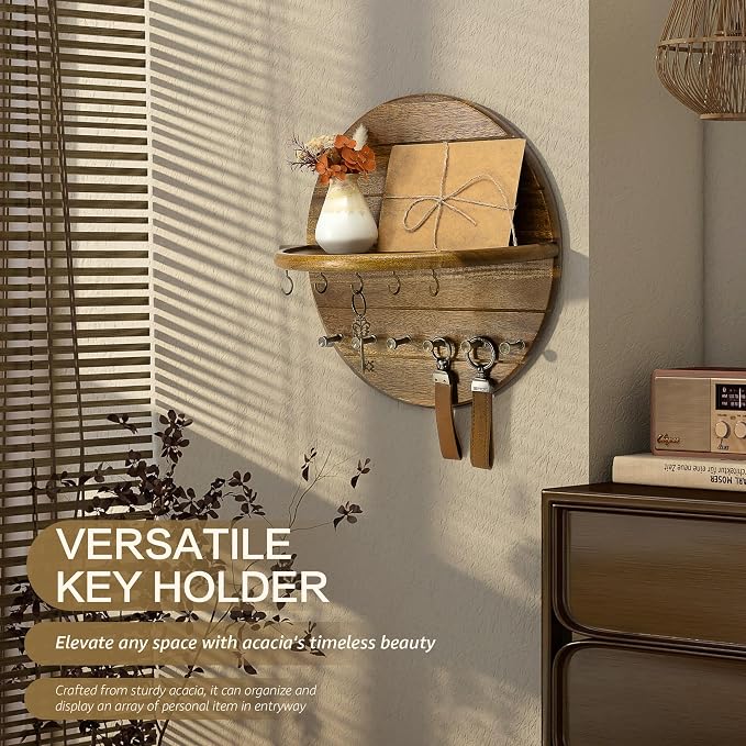 Rebee Vision Acacia Wood Round Key Holder Wall Mount for Home Decor, Brown | Round Corner, Key Holder for Wall with Floating Shelf, Rich Wood Grain, 2 Types of Hooks, Meets Daily Family Needs