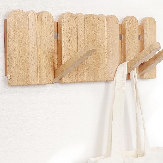 Wooden Boho Wall Mount Coat Rack 6 Hooks 16.8'' | Entryway Hanger with Magnetic Foldable Hooks Mounted, Space Saving for Hanging Jacket Bag for Apartments & Modern Homes