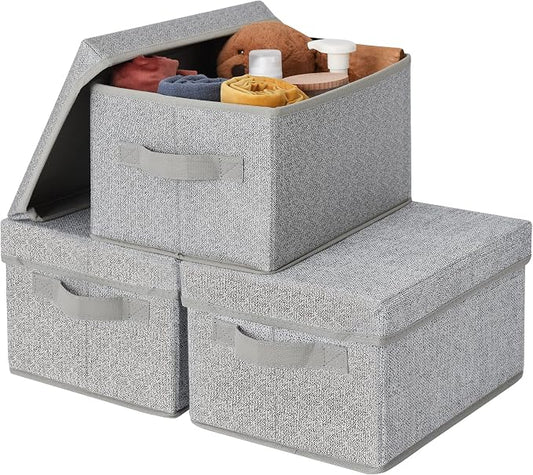 GRANNY SAYS Small Storage Bins with Lids, Fabric Storage Boxes, Shelf Baskets for Closet Organization, Stackable Clothes Storage Bins, Gray, Small, 3-Pack