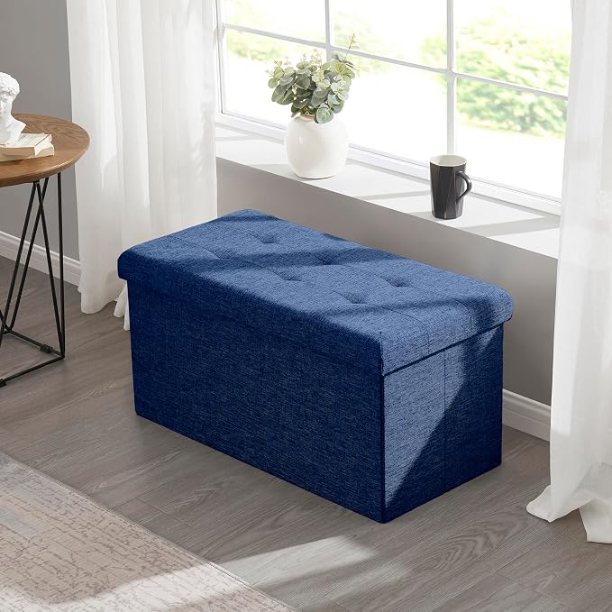 Ornavo Home 30 Inch Folding Storage Ottoman Bench, Tufted Linen, Navy Blue | Upholstered Large Ottoman with Lid; Foot Rest Stool; Ideal for Bedroom, Living Room or Entryway
