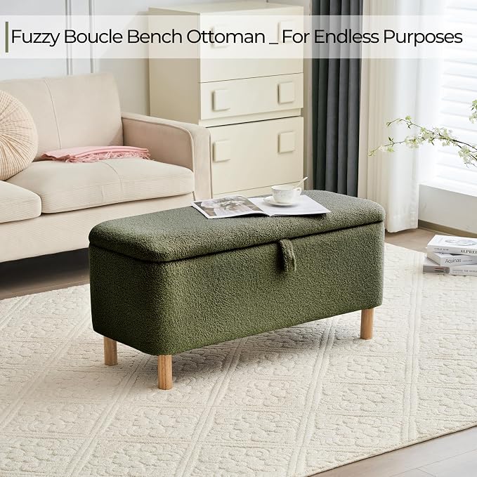 Boucle Storage Ottoman Bench for Bedroom end of Bed, Sherpa Upholstered Shoe Seat Storage Bench for Entryway Bed Foot, Rectangle Cushion Padded Blanket Chest Cute for Living Room, Blackish Green