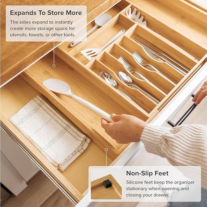 KitchenEdge Silverware & Utensil Drawer Organizer, 14-25 in, Bamboo | Cutlery, flatware, food-safe contract grade, kitchen drawer fit