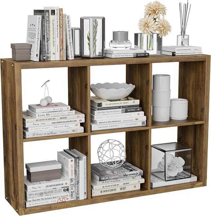 VDNEND Cube Storage Organizer Bookcase, Decorative 11 inch Open Back Cubical Shelf with Thickened Border, Display Bookshelf for Living Room, Home Office, Sturdy Room (Brown, 6 Cube)