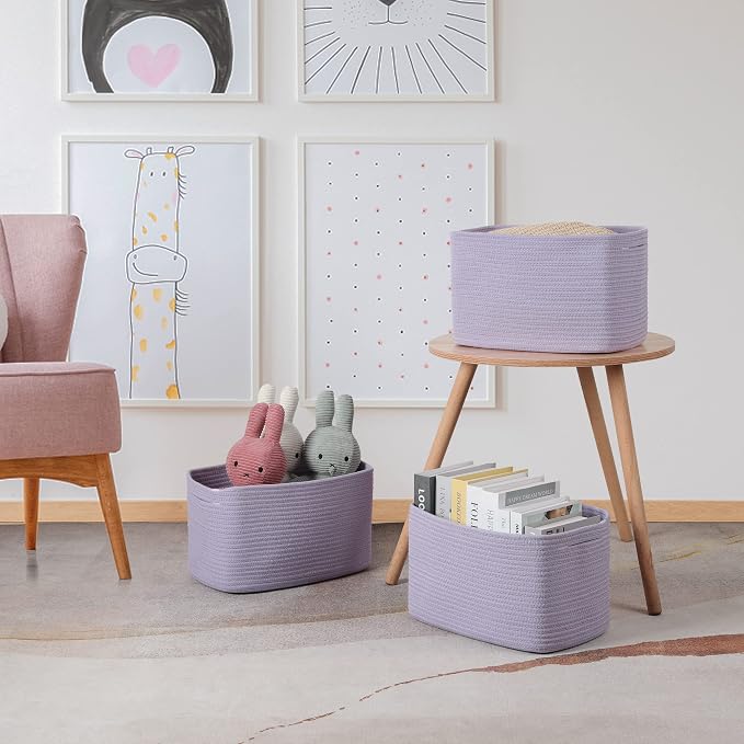 XUANGUO Woven Cotton Rope Storage Baskets 15x10x9.3" 3 Pack Purple Lavender | Decorative rectangular storage baskets for shelves and closets; storage bins organize clothes, toys, books and nursery items.
