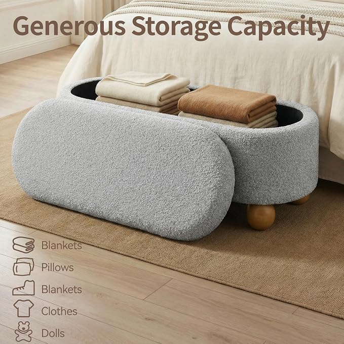 VKNOW 44.8" Storage Ottoman Bench End of Bed Bench for Bedroom, Grey | Cute Spherical Solid Wood Stool Legs, Comfortable Fabric, No Assembly, Bedroom Living Room Entryway Dressing Areas