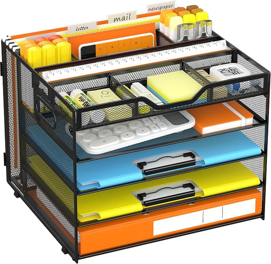 Docnest 5 Tier Desk Organizer with Hanging File Folder Holder&Tray, Black | Features 3 detachable pen holders and 4 removable dividers.Versatile mesh desktop storage for mail, document,office supplie