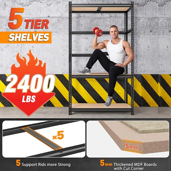 REIBII 2400LBS Garage Shelving,36" Wx16" Dx72" H Shelves for Basement | Adjustable 5-Tier Shelving Unit,High-Density MDF Shelves,Heavy Duty Storage Shelves,Easy Assembly,For Pantry Workshop Storage