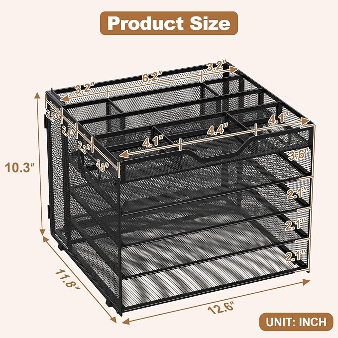Docnest 5 Tier Desk Organizer with Hanging File Folder Holder&Tray, Black | Features 3 detachable pen holders and 4 removable dividers.Versatile mesh desktop storage for mail, document,office supplie