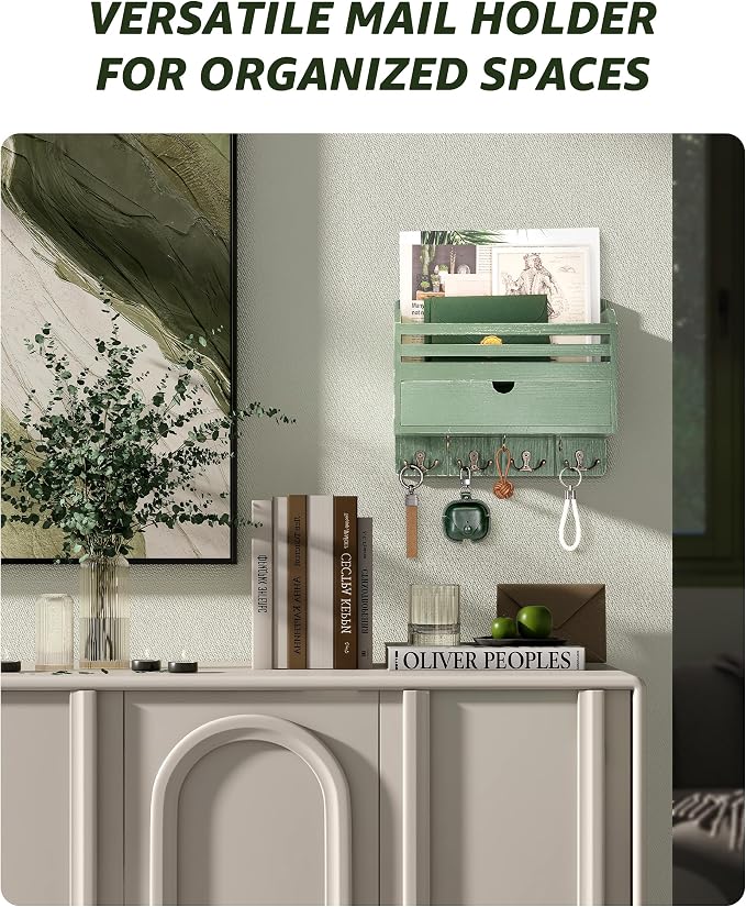 Rebee Vision Mail Organizer Wall Mount with Drawer for Home Decor, Green | Pine Wood, Key and Mail Holder for Wall, 7 Key Hooks, Drawer Organizer, Letter Sorter, Apartment Essential, Room Decor