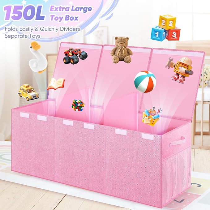 Extra Large Toy Box with Lids, Collapsible Storage Chest, 40"x16"x16" Pink | Sturdy Toy Storage Organizer with Dividers, Toybox for Kids Boys Girls, Bedroom Nursery Playroom Organization