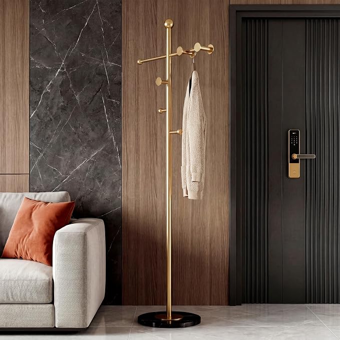 68.9 Inch Tall Modern Coat Rack,Gold Coat Tree Freestanding,Heavy-Duty Metal Coat Rack Freestanding with Sturdy Marble Base for Entryway,Hallway,Bedroom,Holds Coats Hats Bags Scarves