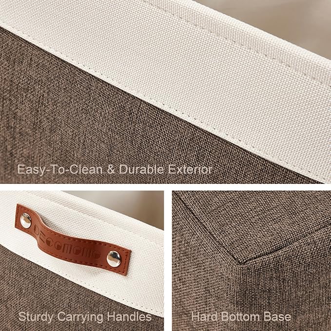 DECOMOMO Storage Bins, Large Fabric Storage Baskets for Shelves 3 Pack | 15 x 11 x 9.5 inches Decorative Linen Closet Organizers (Brown & White)