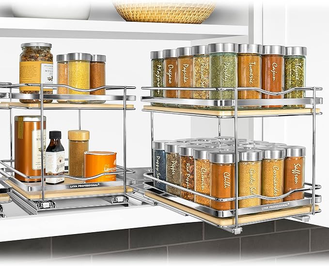 LYNK PROFESSIONAL® Élite™ Pull Out Spice Organization for Cabinets - 8-3/8 inch Wide – Spice Rack for Inside Cabinets – Wood/Chrome - Sliding Spice Rack Organizer for cabinet – Spice Rack - 2 Tier