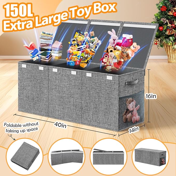 Rocamdo Large Toy Storage Box with Lid & Dividers, Kids Toy Chest, Gray | Toy Box for Boys, Girls, Nursery, Bedroom, Living Room, Playroom, 40X14X16 inches